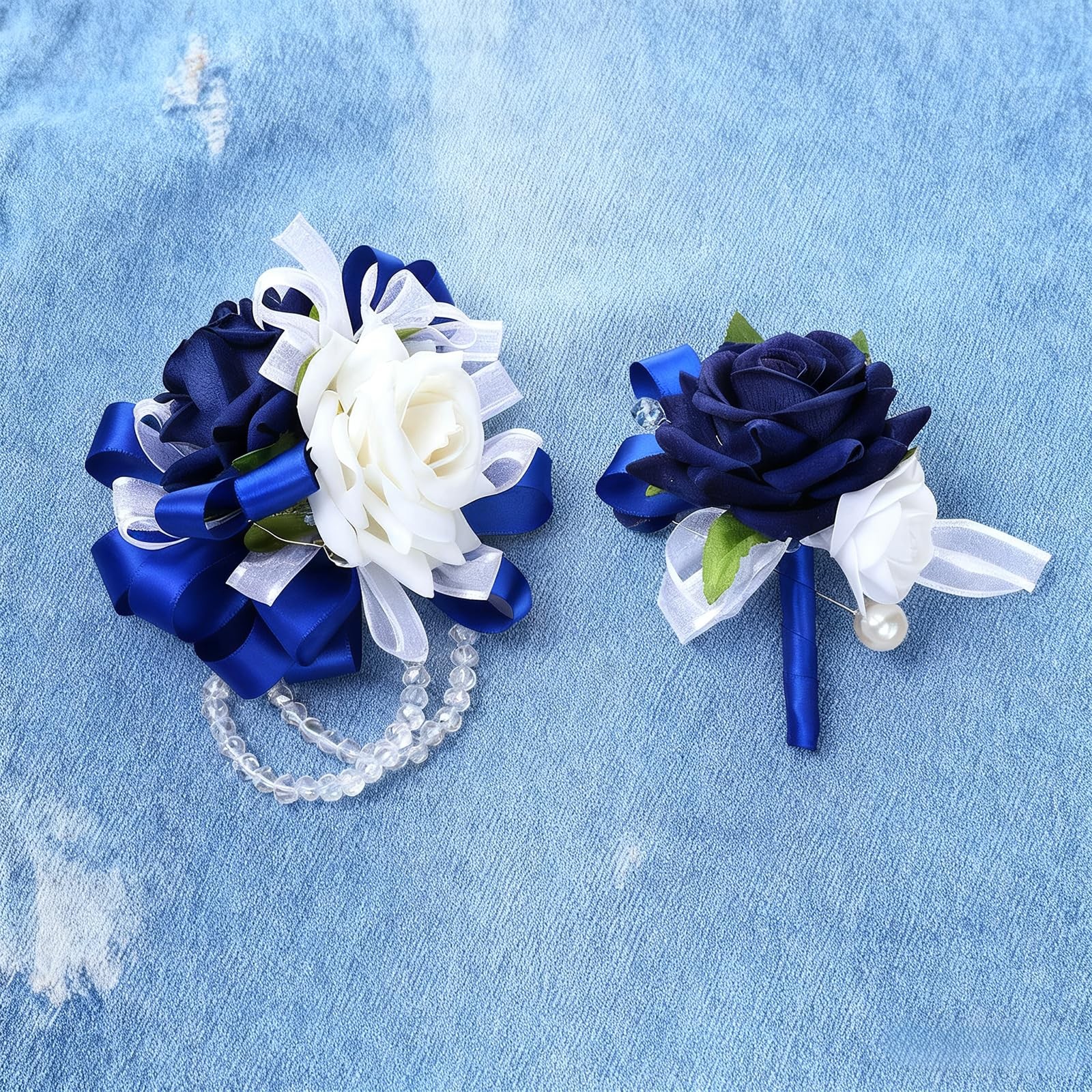 2 PCS Blue White Corsage Boutonniere Set Roses Wrist Crystal Prom Wedding