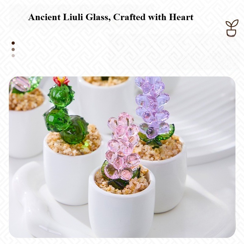 Cute Glass Cactus Ornament Miniature Glazed Plant Decor for Home Desktop Table