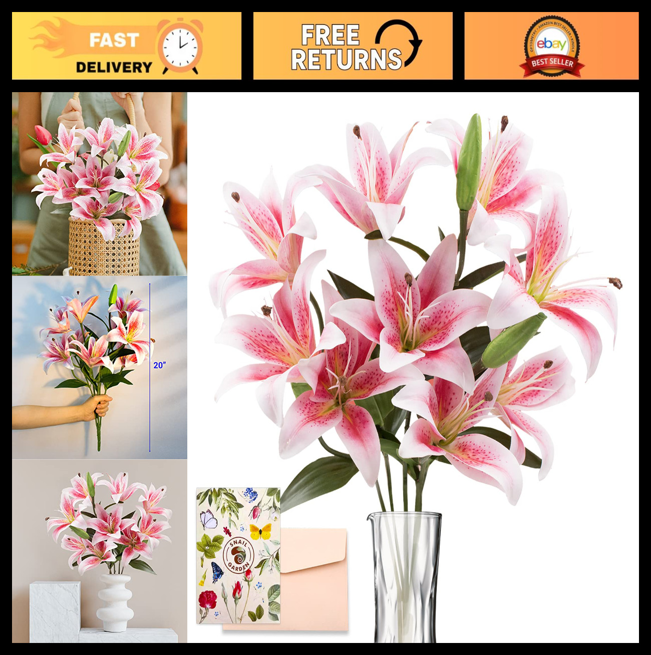 12 Artificial Lily Flowers – Full Bloom Stargazer & Tiger Lilies, Long Stem Faux