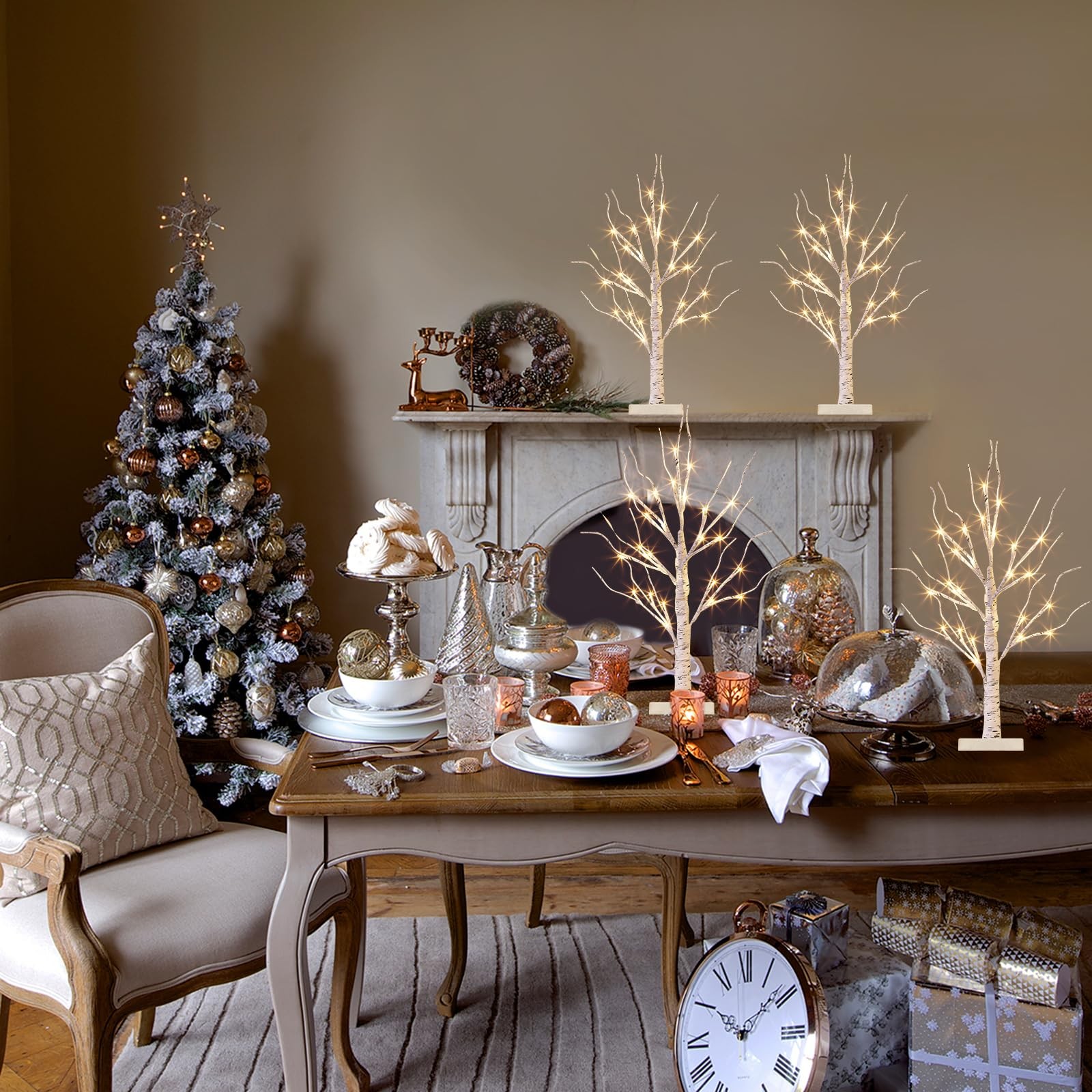 Christmas Tree Decorations, White Birch Tree with LED Lights- Set of 4, Warm Whi