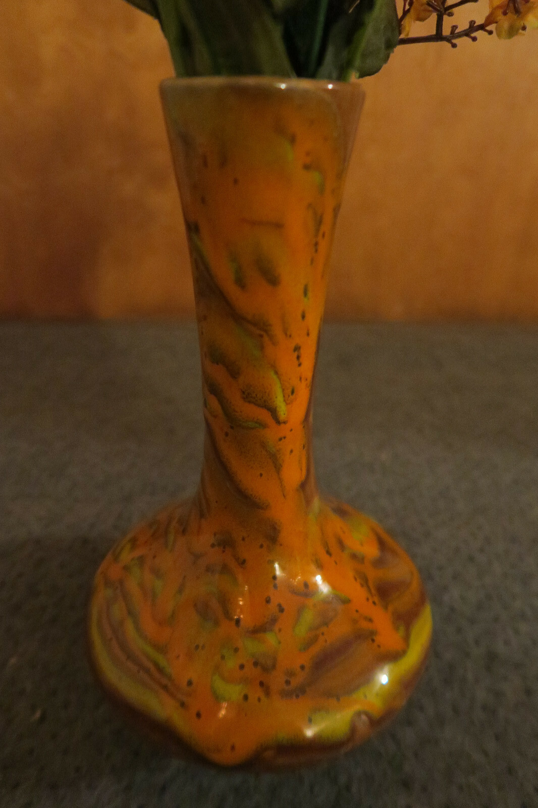 Orange And Yellow Drip Glaze Vase With Decorative Flowers