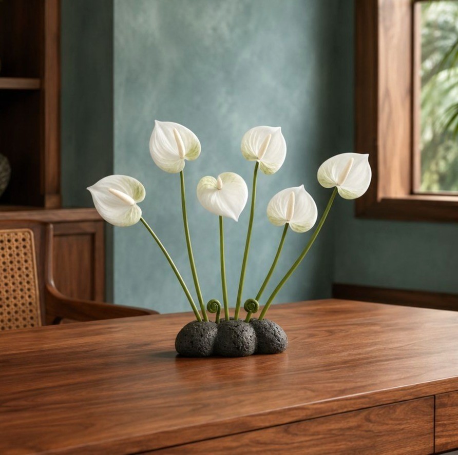 White Green Real-Touch Artificial Anthurium Stems, Set of 6, 11 Inch Faux Tropic