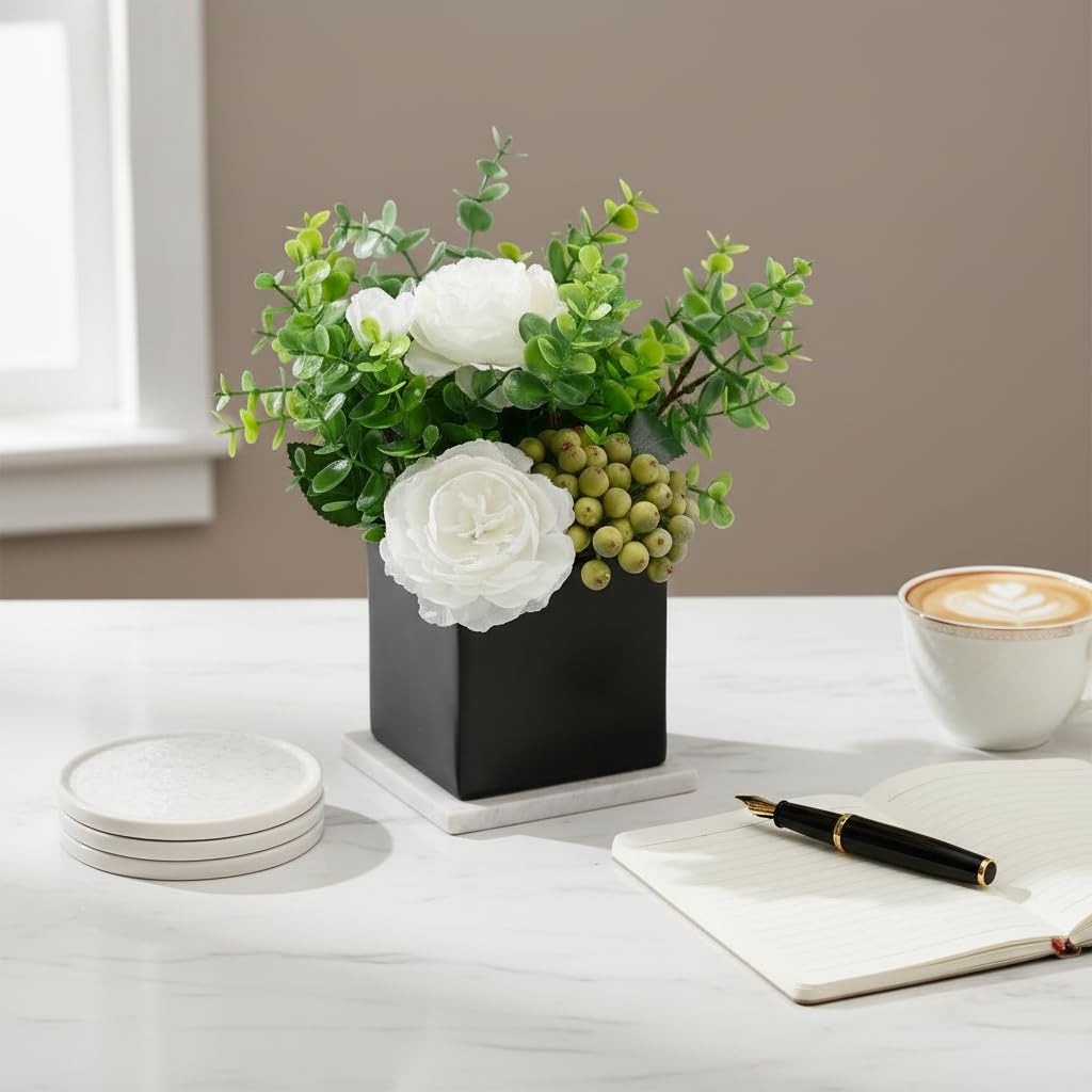 Artificial White Peony Flowers Eucalyptus Green Berries Black Square Vase