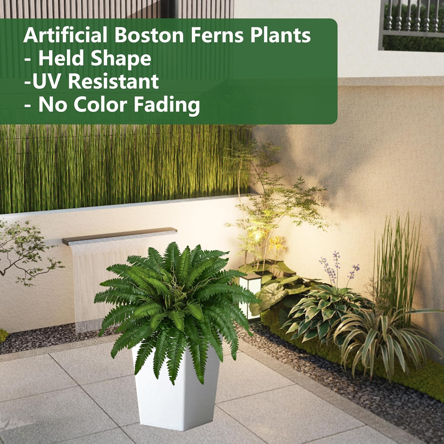 38″ Artificial Boston Ferns Bush Plants, Set of 2, Large Faux Ferns Hanging Deco