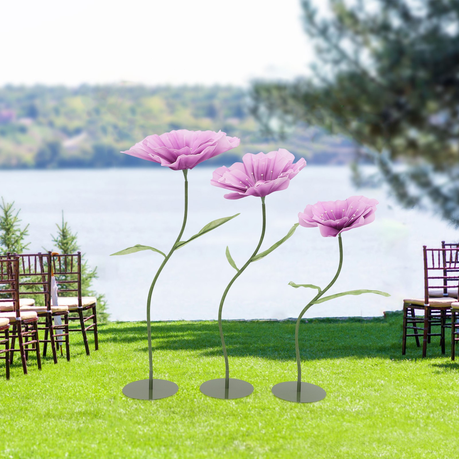 3pcs Giant Artificial Flower Poppy Free Standing Adjustable Wedding Decor Purple