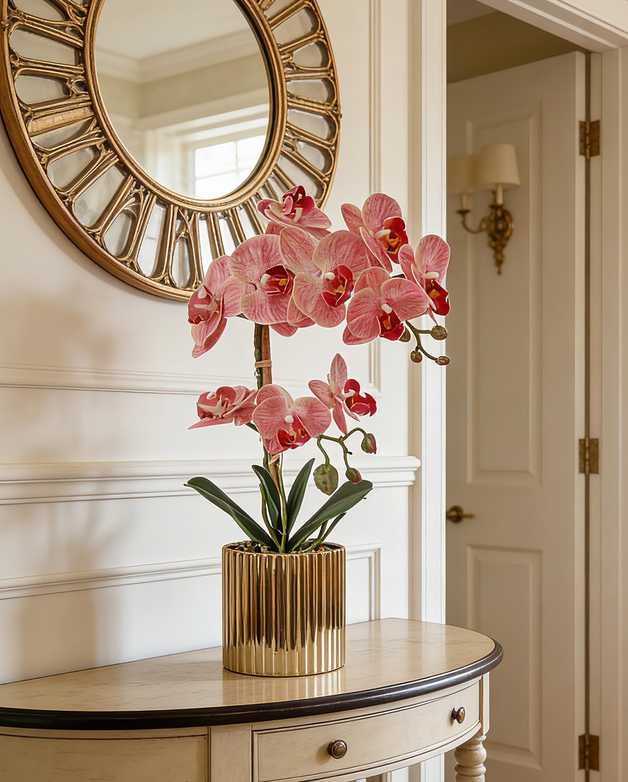 Pink Orchid Artificial Flowers Real Touch Indoor Orchid Plants with Gold Cera…