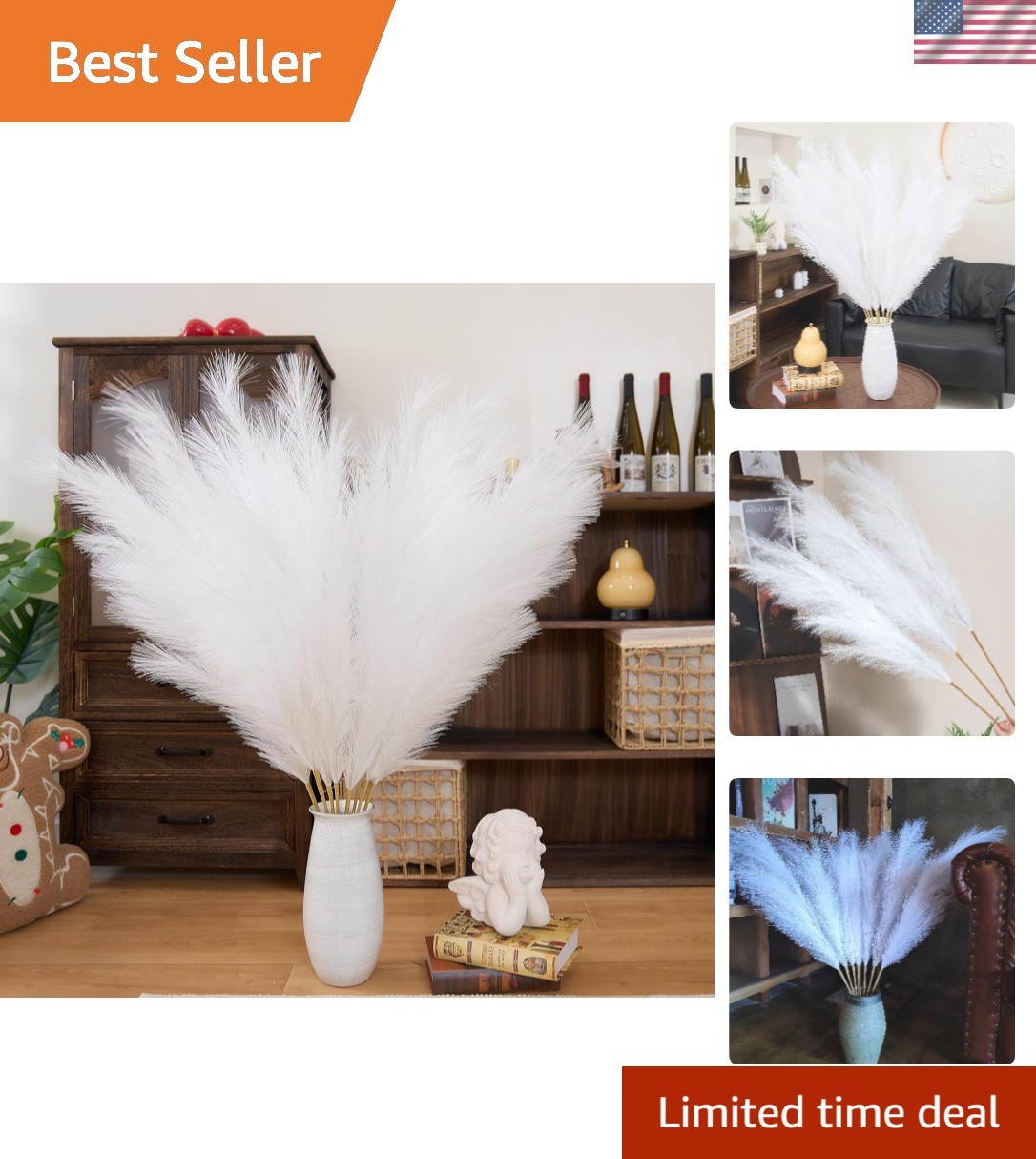 Timeless Faux White Pampas Grass 43.3” – Shed-Resistant 8pcs Floral Arrangement