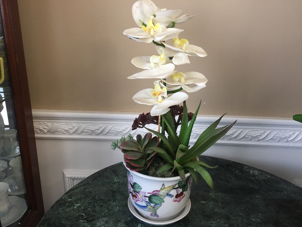 Silk Floral Arrangement White Orchids, Purple and green succulents Hummingbird