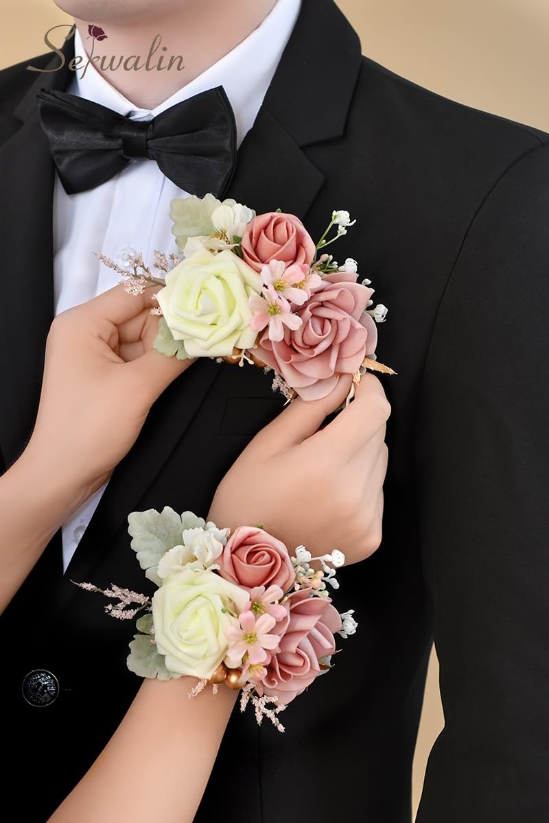 2 PCS Dusty Pink Wrist Corsage Boutonniere Set 67 Inch Wedding Prom Suit
