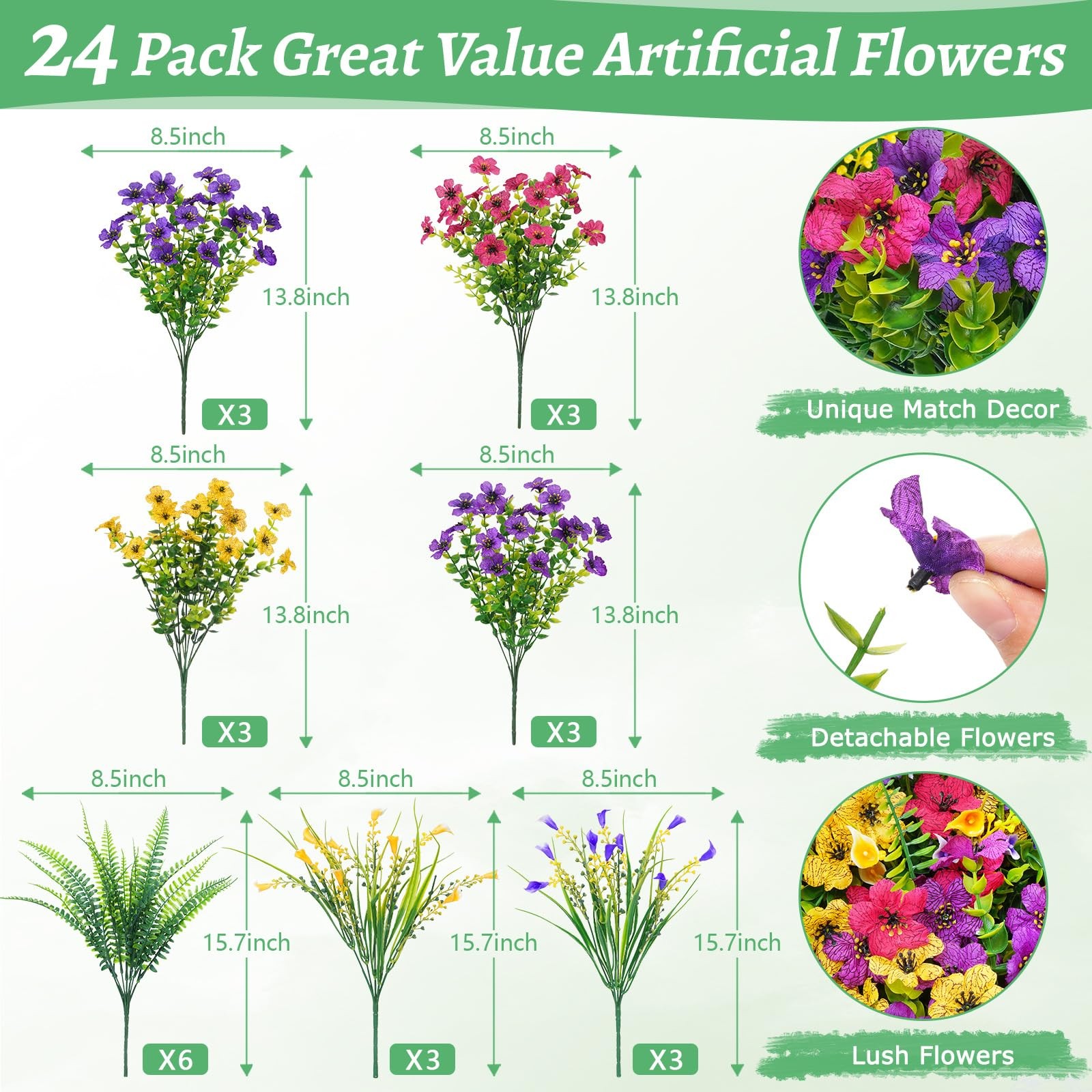 Artificial Flowers for Outdoors, 24 Bundles Faux Plants Outdoor Artificial Fl…
