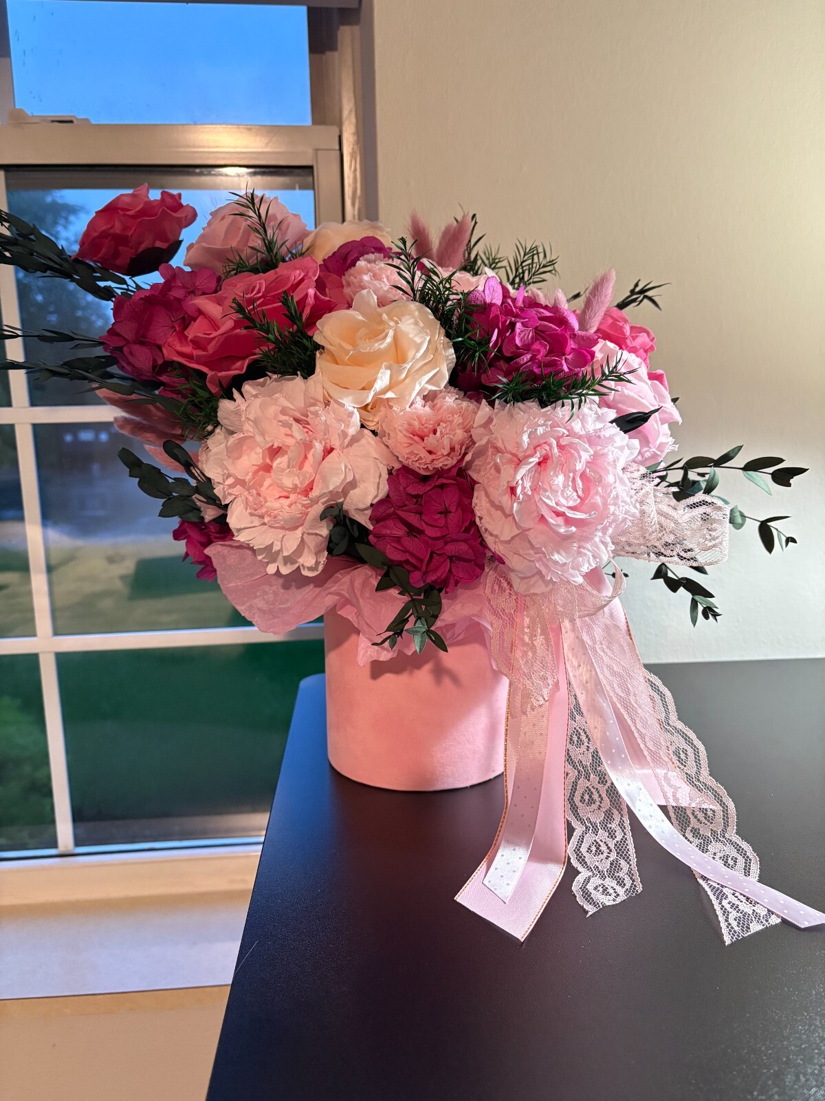 Preserved Flower Bouquet in Pink Raspberry Hat Box, Real Flowers, Lasts 1+ Year