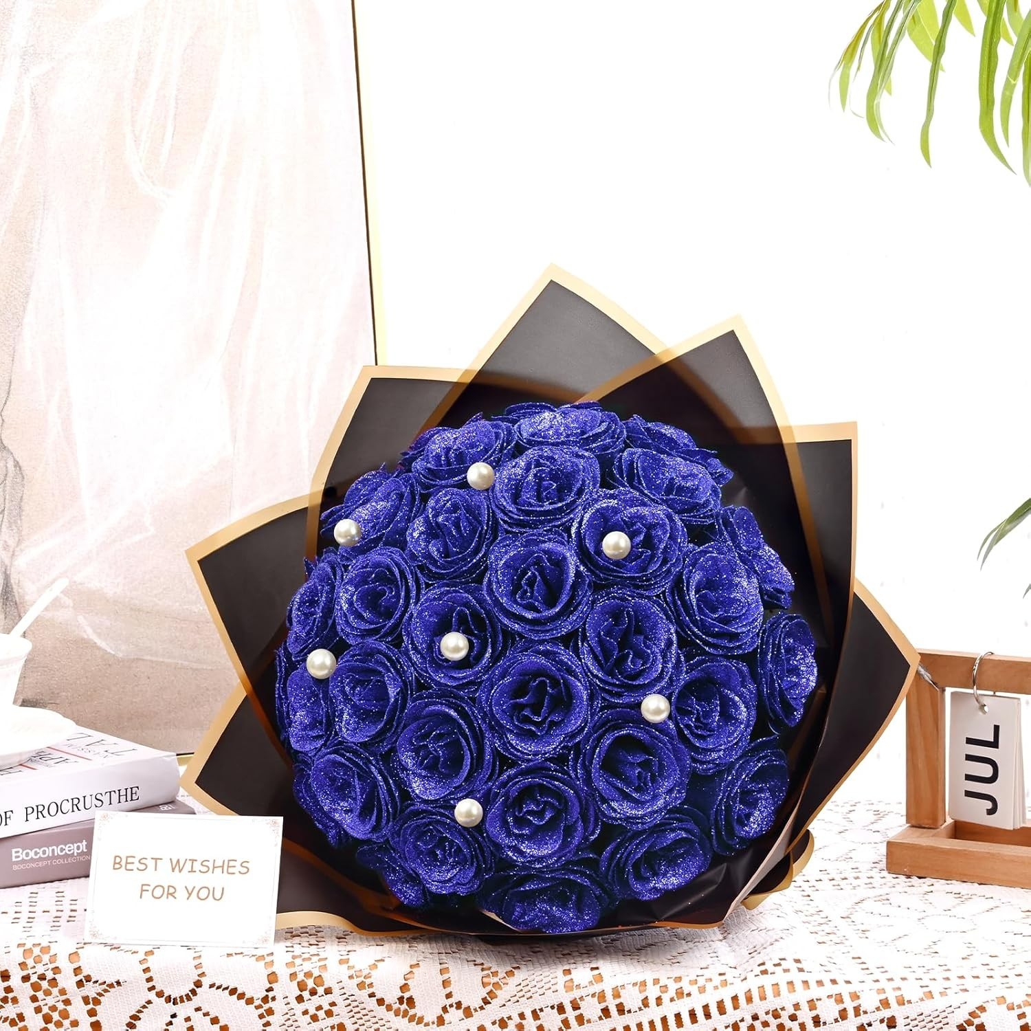 Blue Glitter Roses Bouquet, DIY Fake Flowers Bouquet, Everlasting Shiny Artifici
