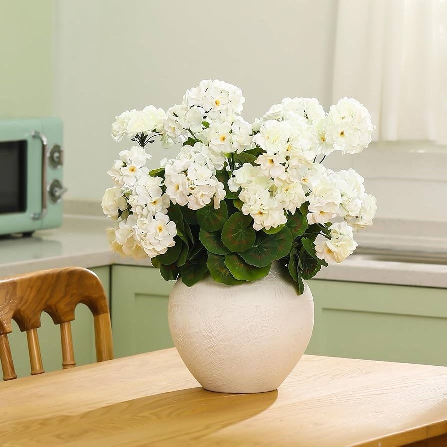 4 Pcs 18” Artificial Geraniums 36 Heads White Faux Fake Planters For Home Decor