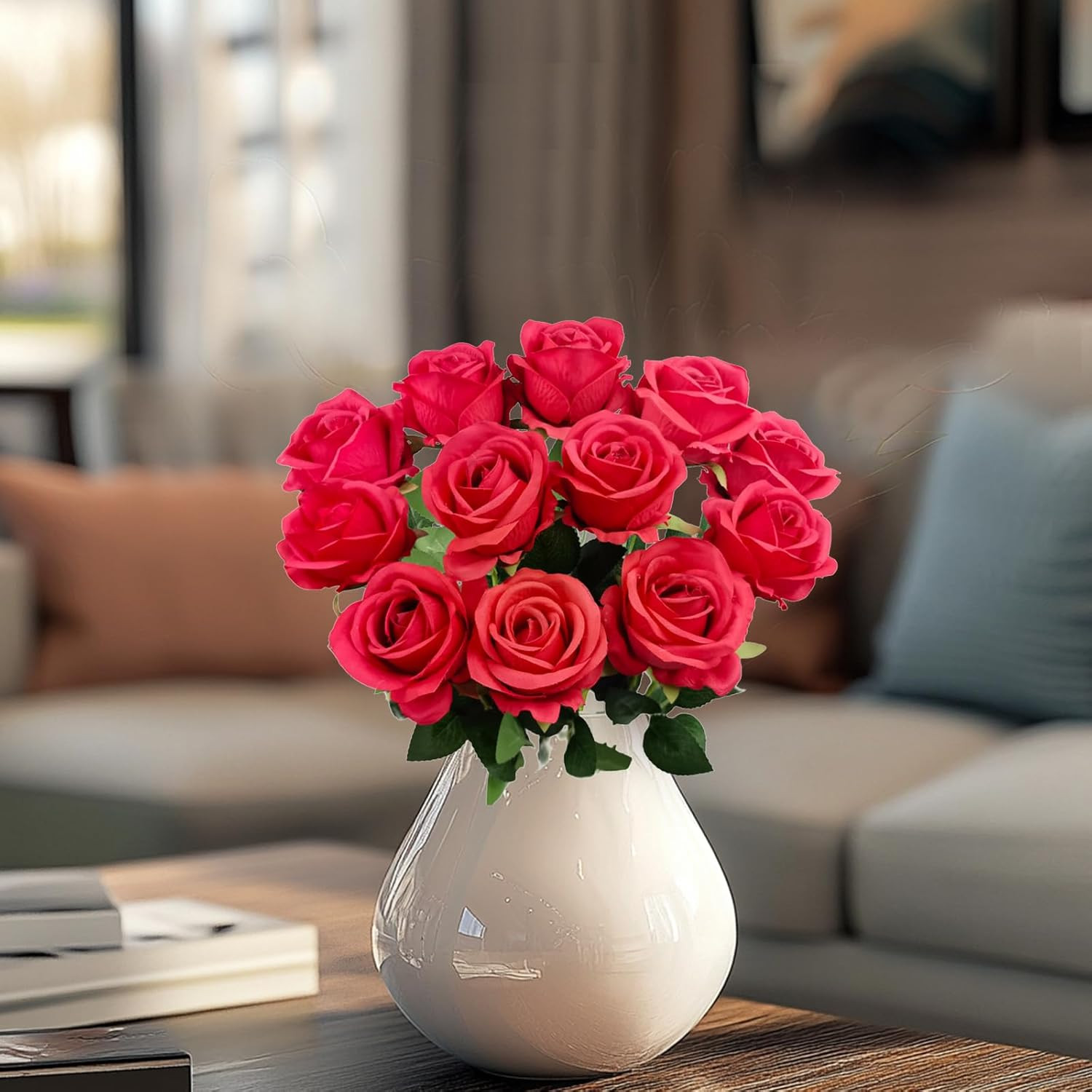 12PCS Fake Red Roses Artificial Red Flowers Bulk, Silk Faux Roses with Stems for
