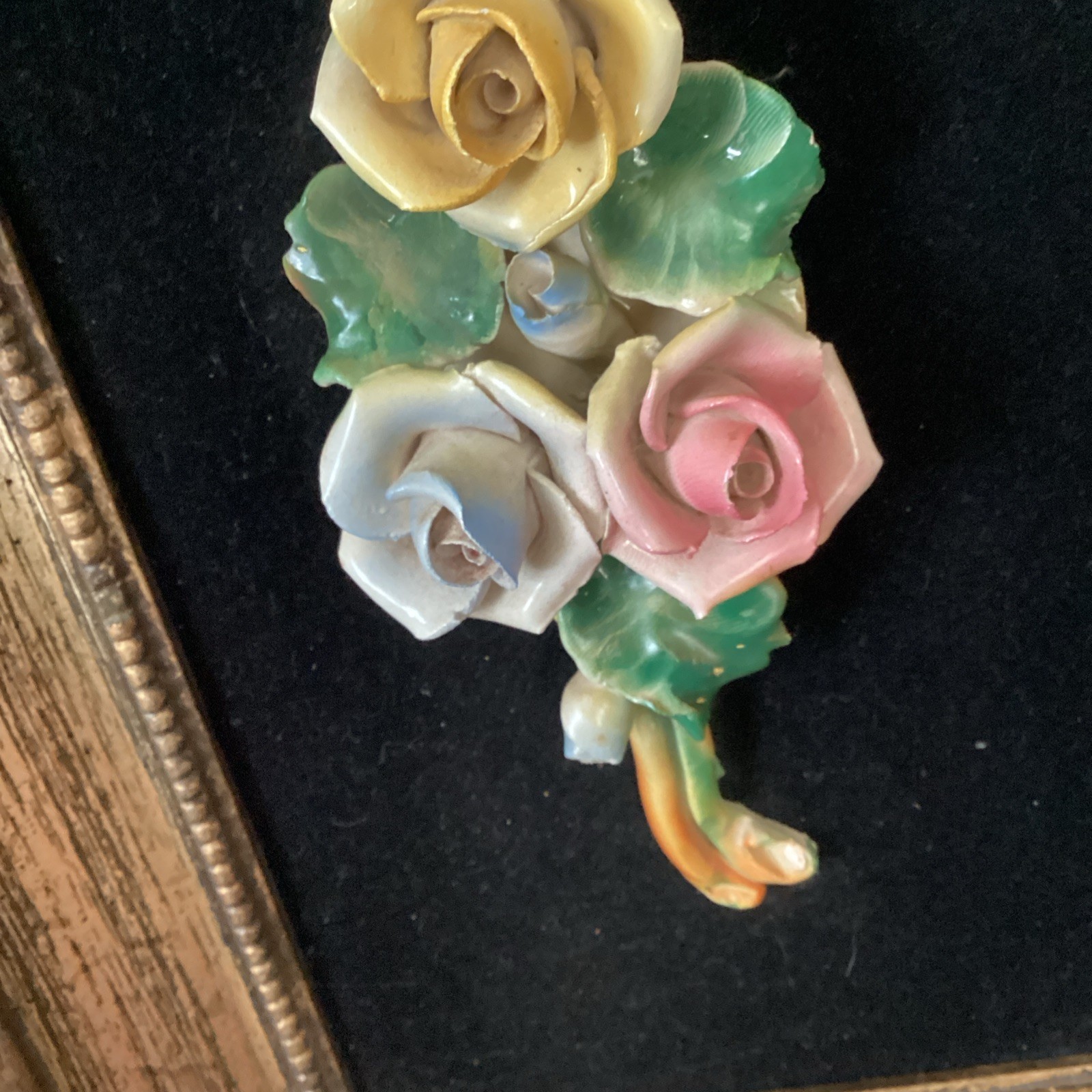 Vintage Capodimonte Italian Porcelain Rose Ornate 3D Framed MCM Art