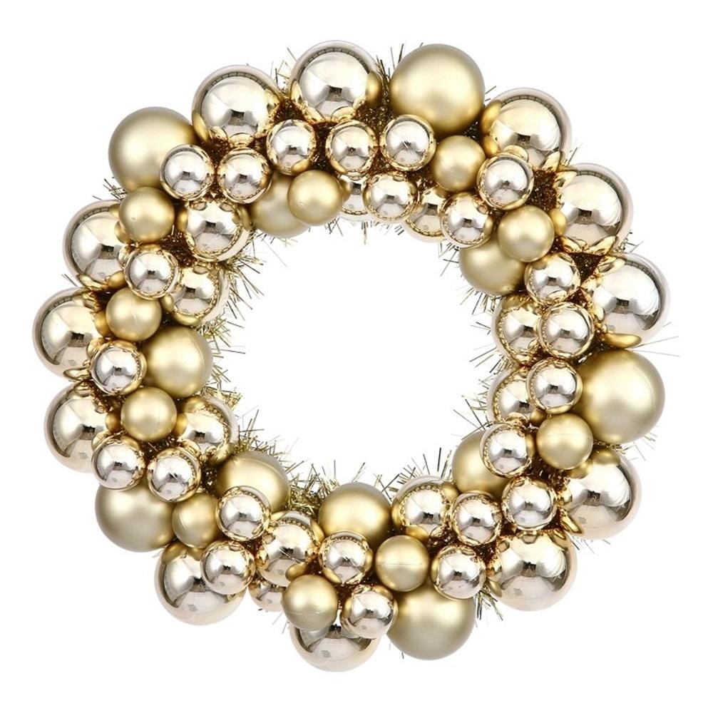Vickerman 12″ Contemporary Plastic Ball Wreath in Shiny and Matte Gold