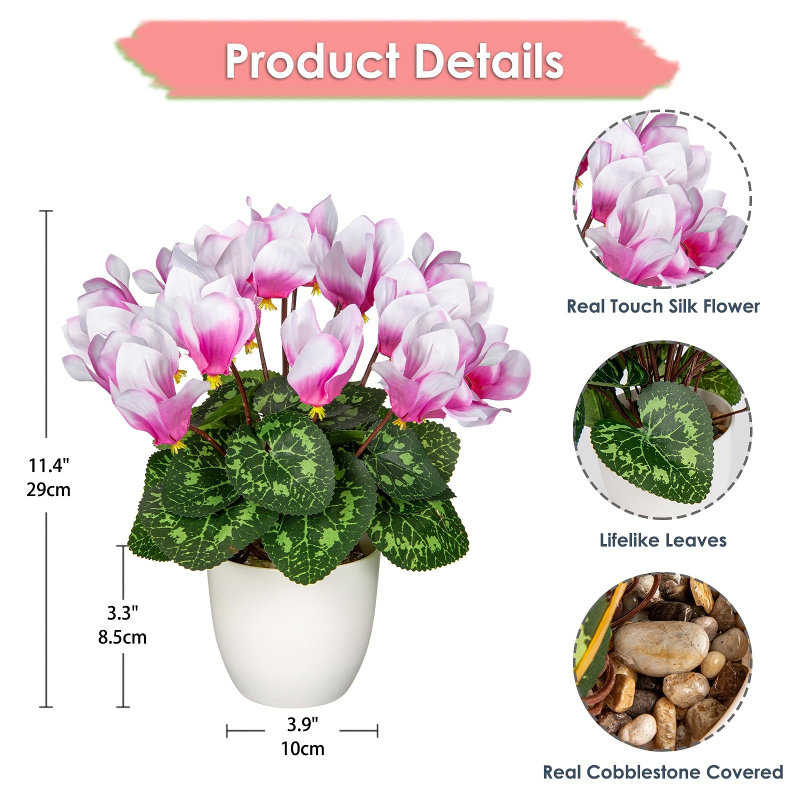 Pink Cyclamen Artificial Flowers Plant Potted Fake Silk White Pot Decor