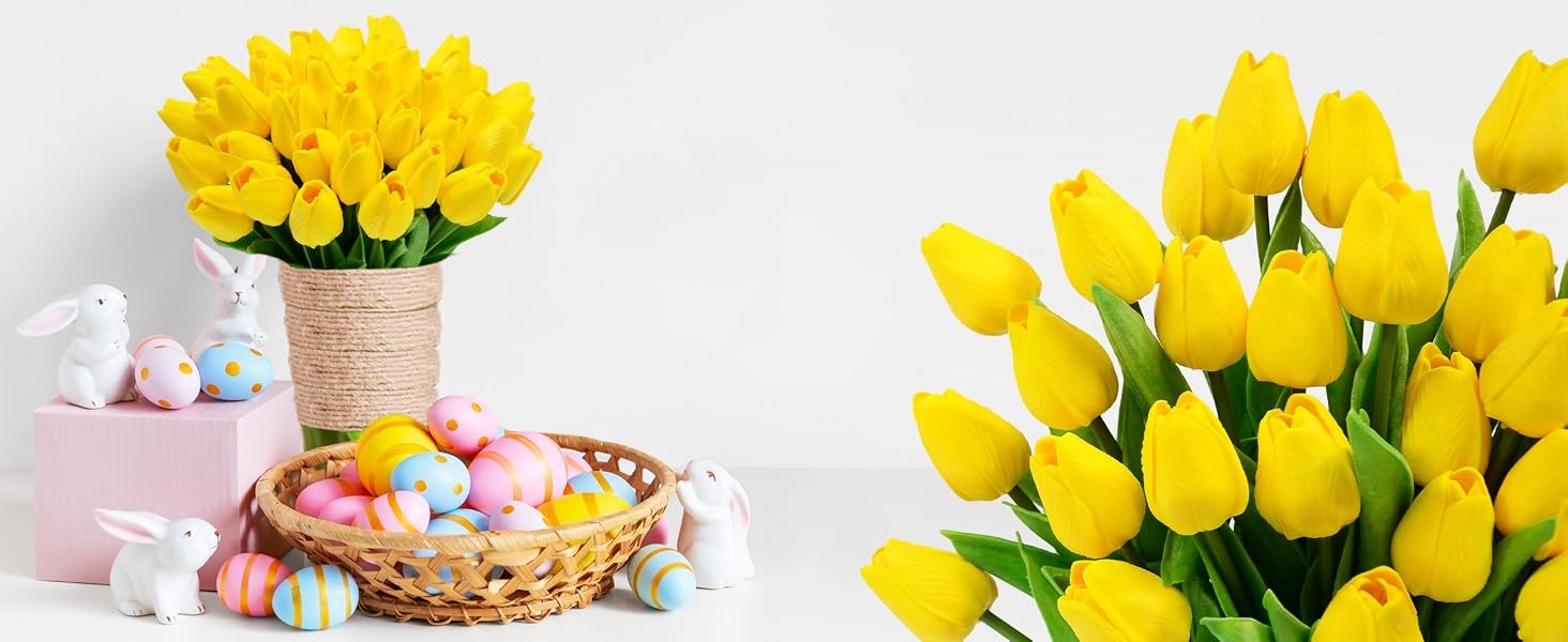 12pcs Yellow Tulips Artificial Flowers, 13.4″ PU Flowers Fake Tulips for Spring