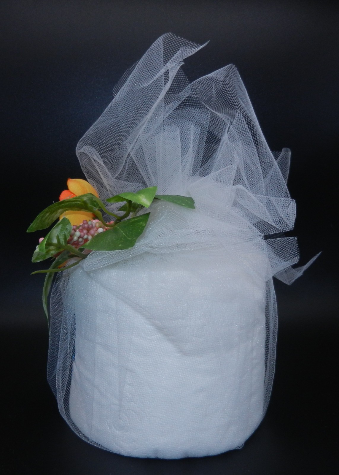 Blue Butterfly Embroidered Toiletpaper Roll wrapped in Tulle w/Rose on top!