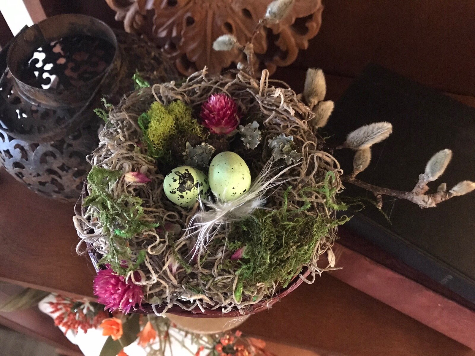 Birds nest on pedestal|Spring decor|natural & faux elements|5 1/2”