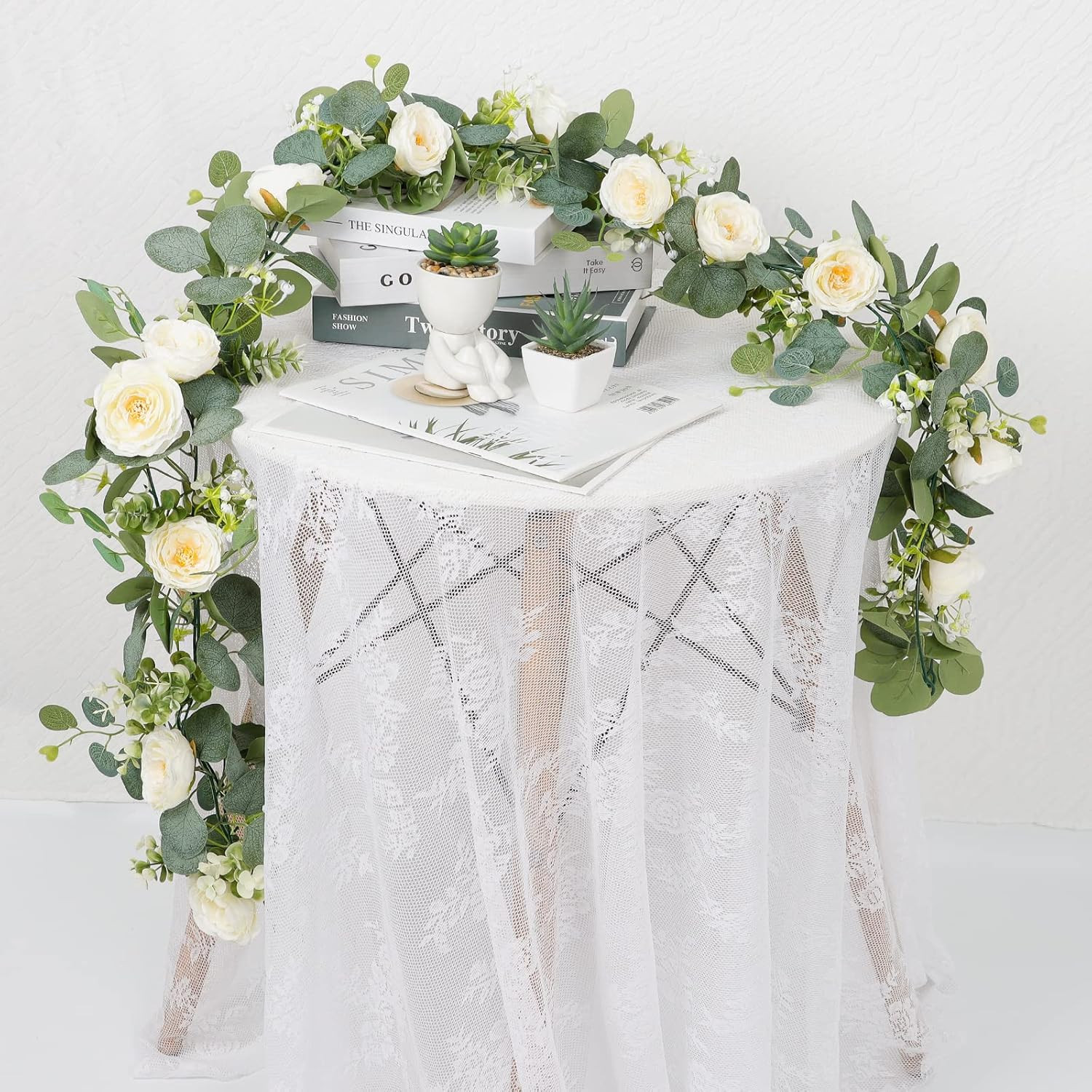 4 Pack Eucalyptus & White Rose Garland for Wedding & Home Decor