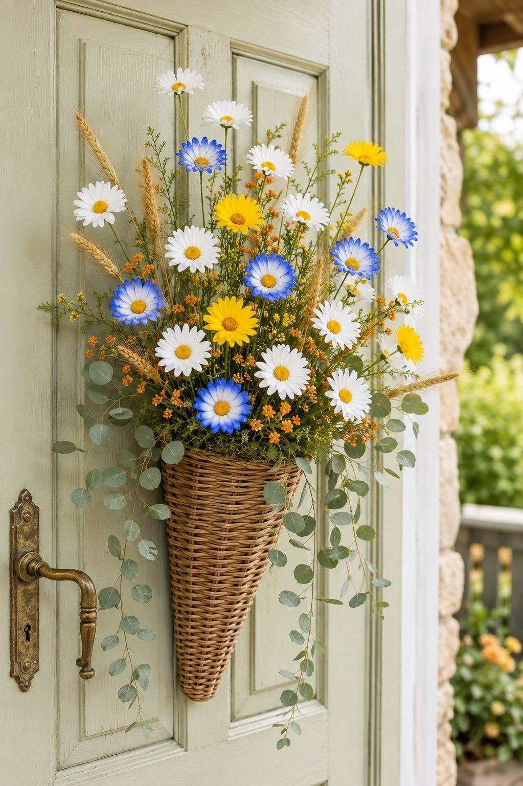 Mixed Color Artificial Daisy Stems Set of 7, Blue White Yellow Faux Silk Flowers