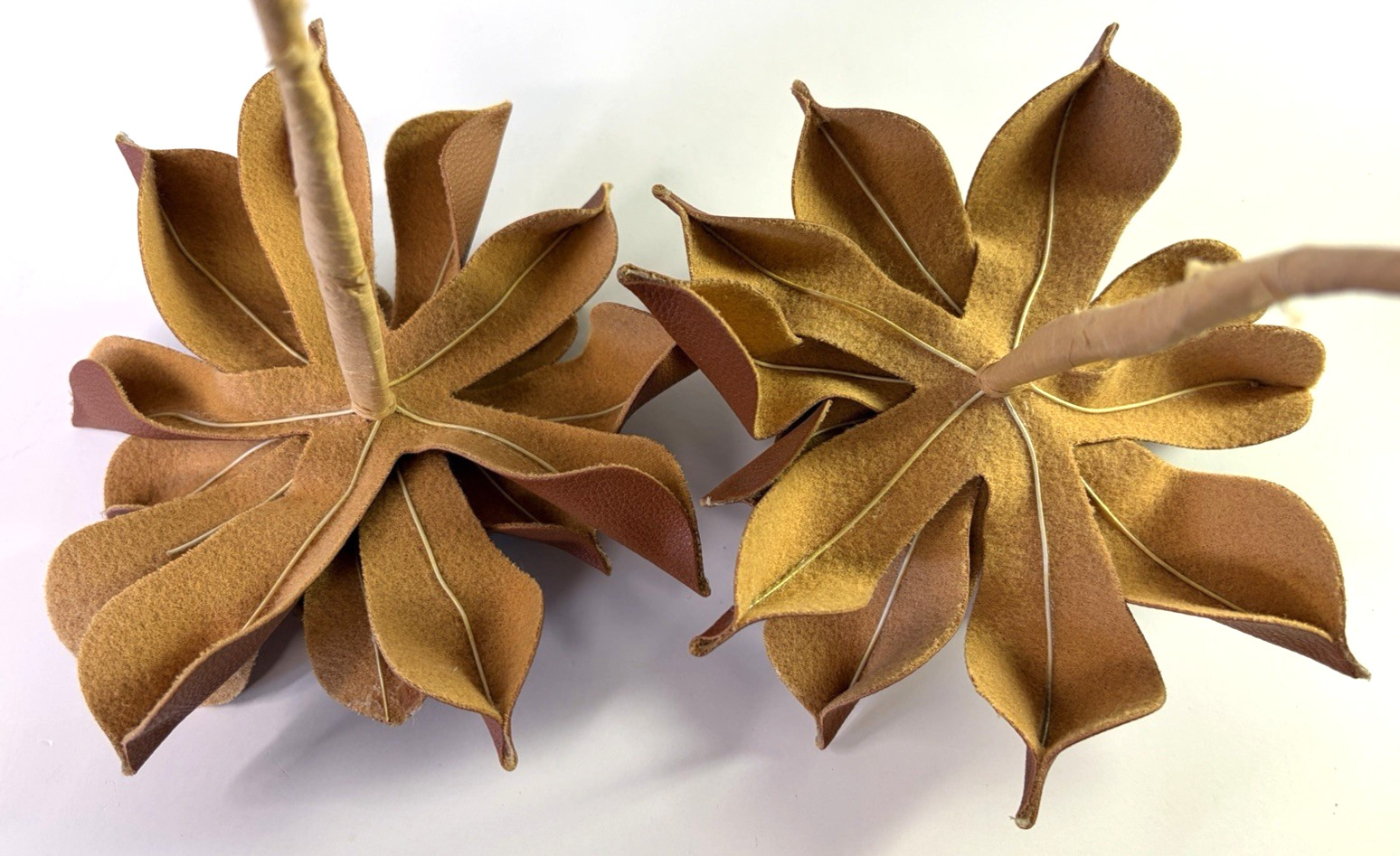 Natural Faux Leather Flowers on Stems 4 Brown Rustic Elegant Classic