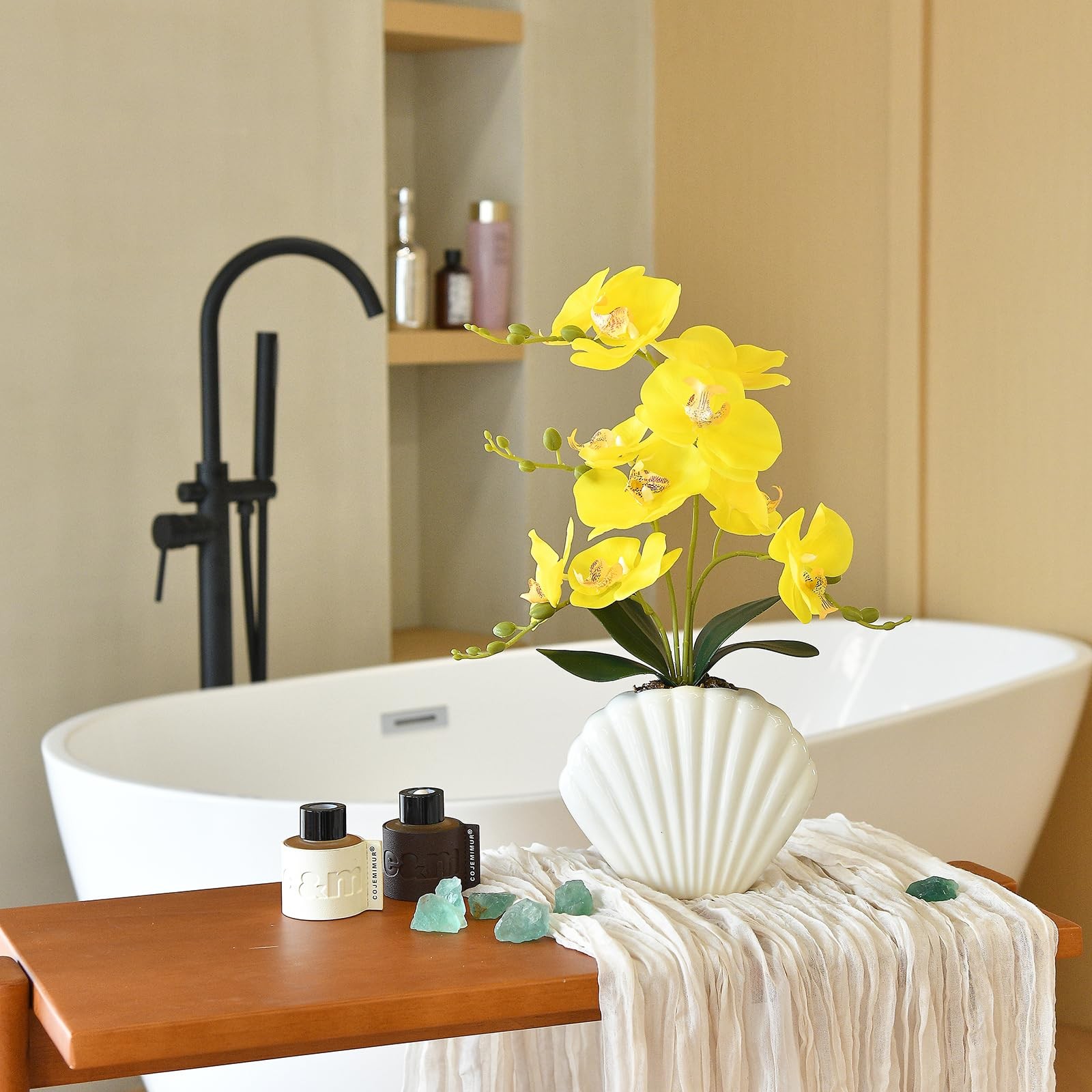 Artificial Phalaenopsis Orchid Plant Seashell Pot 16 Inch Faux Silk Yellow