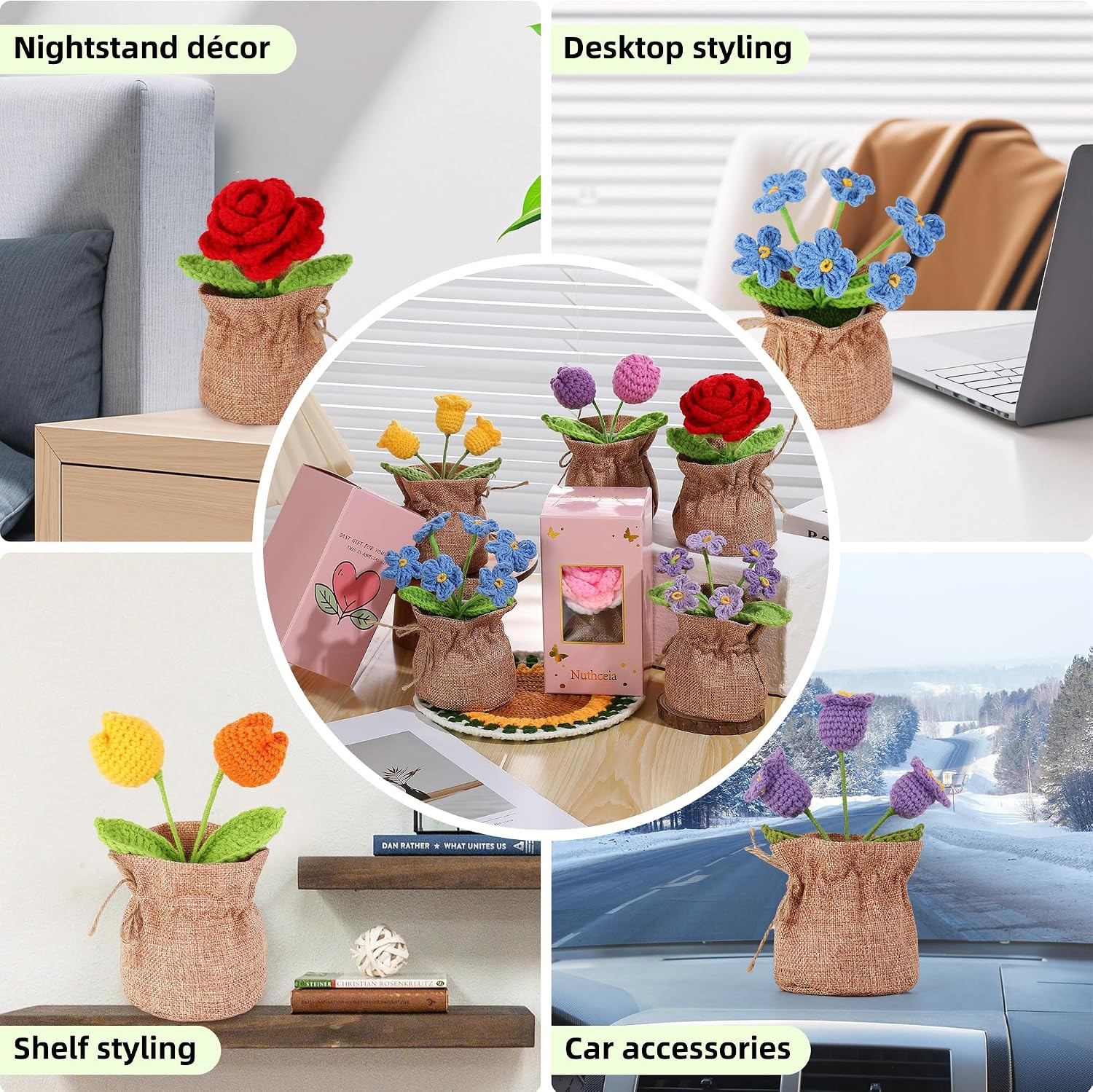Crochet Flower Plant Gift, Blue Forget Me Not Desk Decor for Women | Crochet Flo
