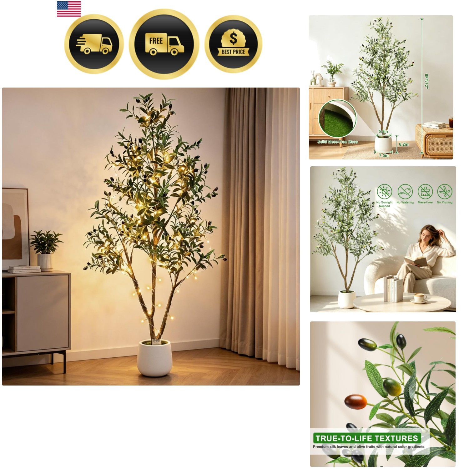 6FT Artificial Olive Tree Indoor with Lights & Planter, Realistic Faux Olive …