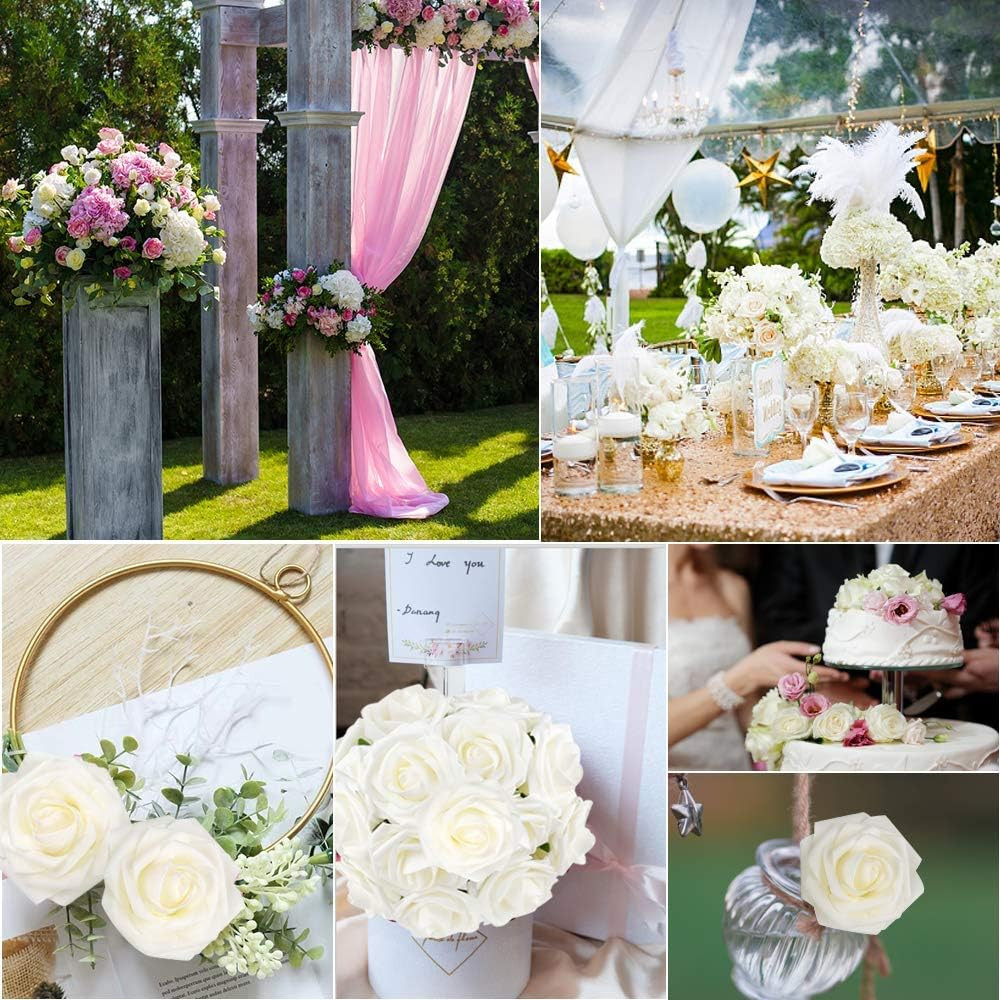 50Pcs Real Touch White Rose Artificial Flowers for Wedding & Party Decor