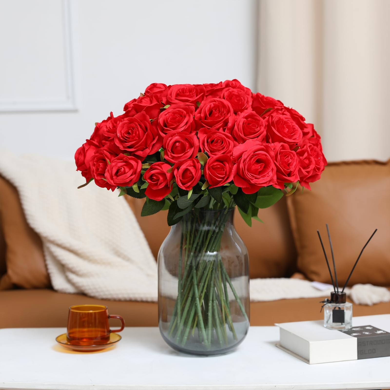 Red Roses Artificial Flowers – 12 pcs Realistic Long Stem Fake Roses Mashup S…