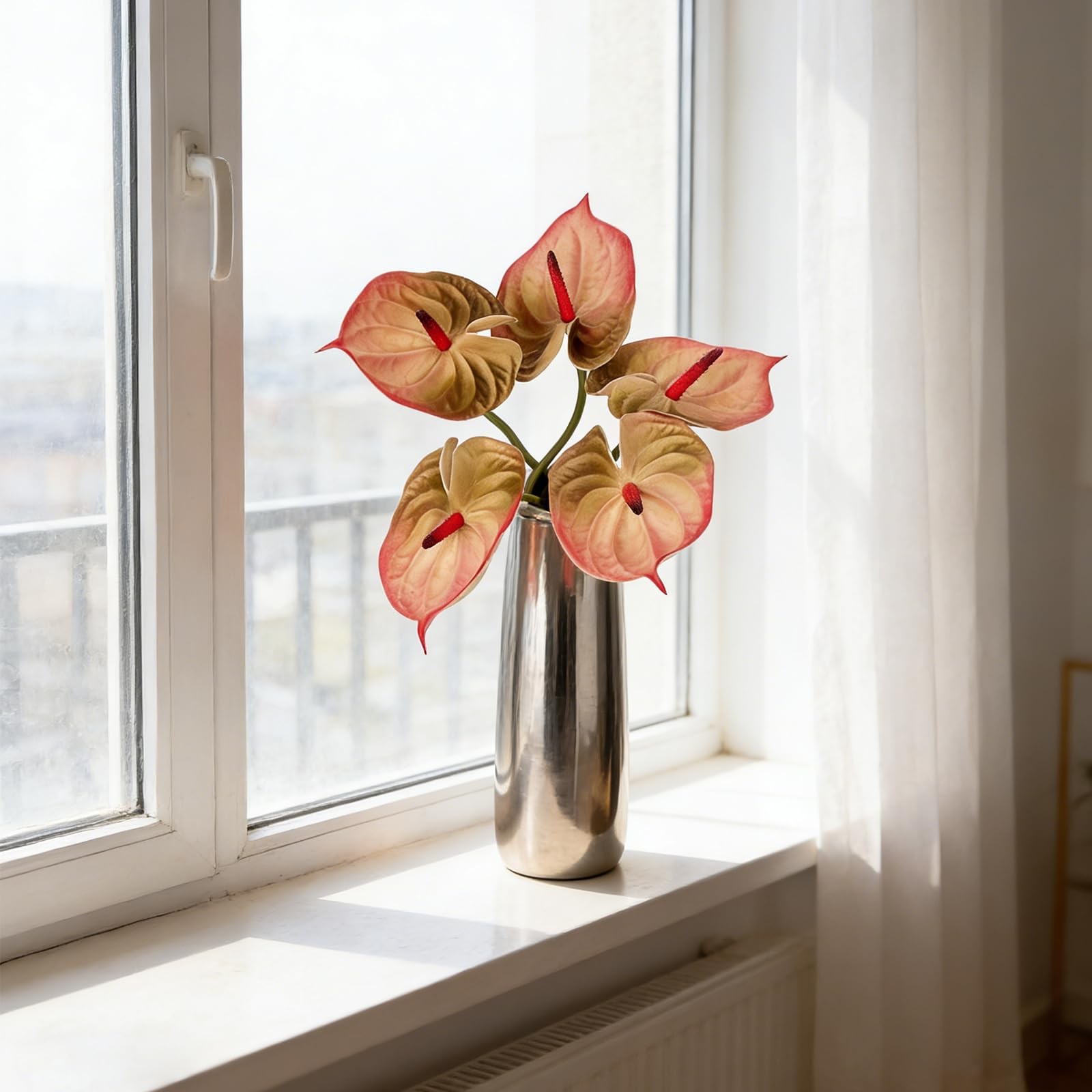 Dusty Pink Anthurium Artificial Flowers Faux Silk Real Touch 25.2″ 6 PCS