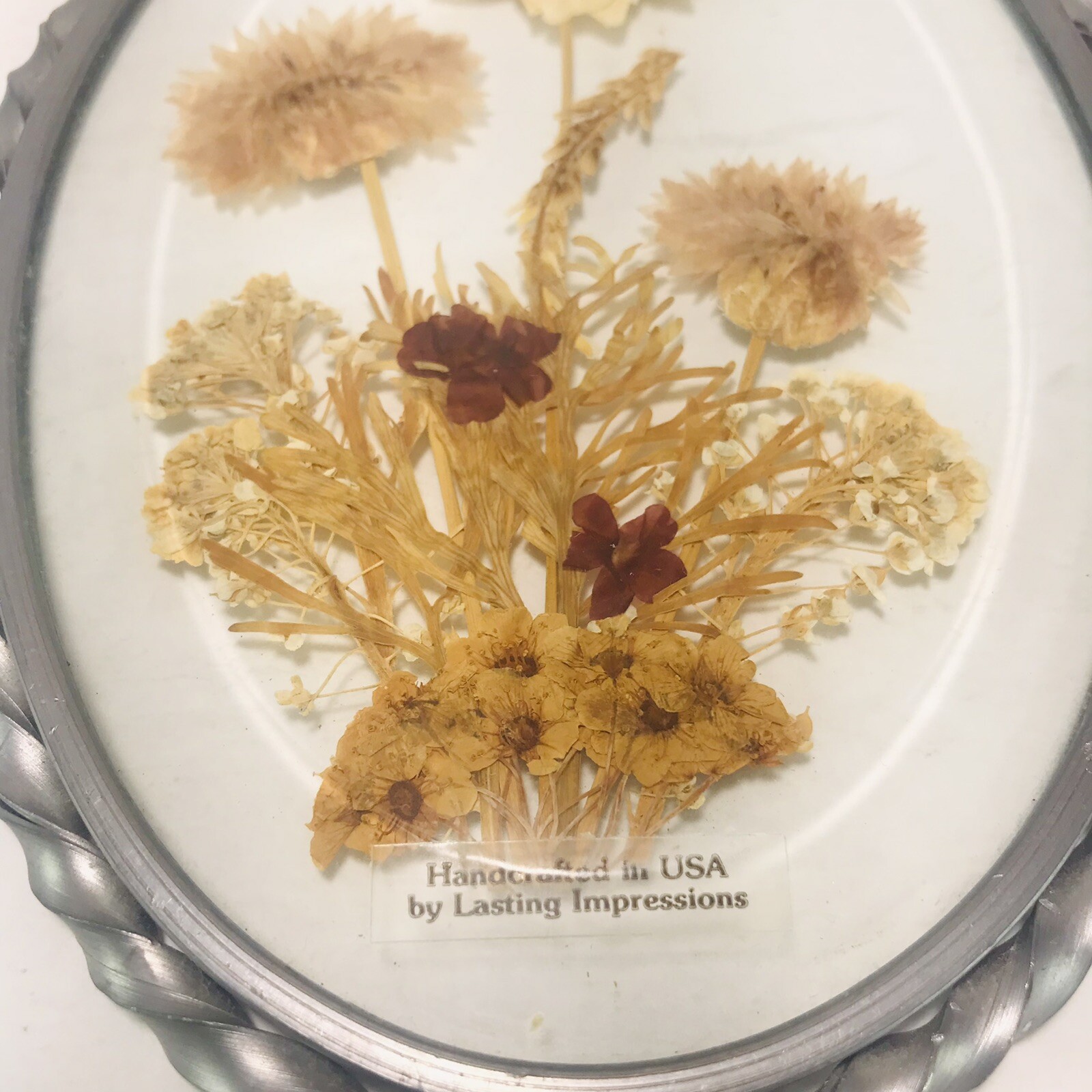 Vintage Lasting Impressions Real Dried Pressed Flowers In Glass Pewter Frame