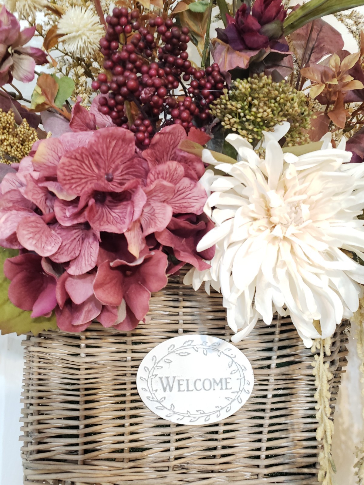 24″ Fall Wicker Wall Basket, Burgundy Cream Silk Floral Arrangement Autumn Porch