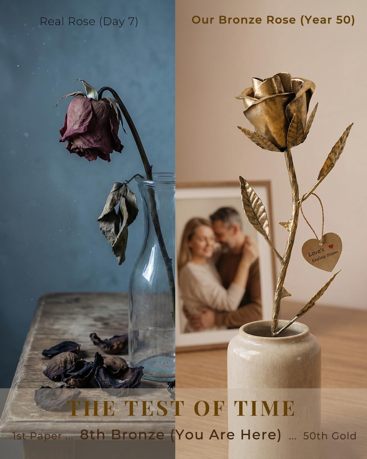 Handmade Bronze Rose – Solid Metal Flower Keepsake for 8th & 19th Anniversary Gi