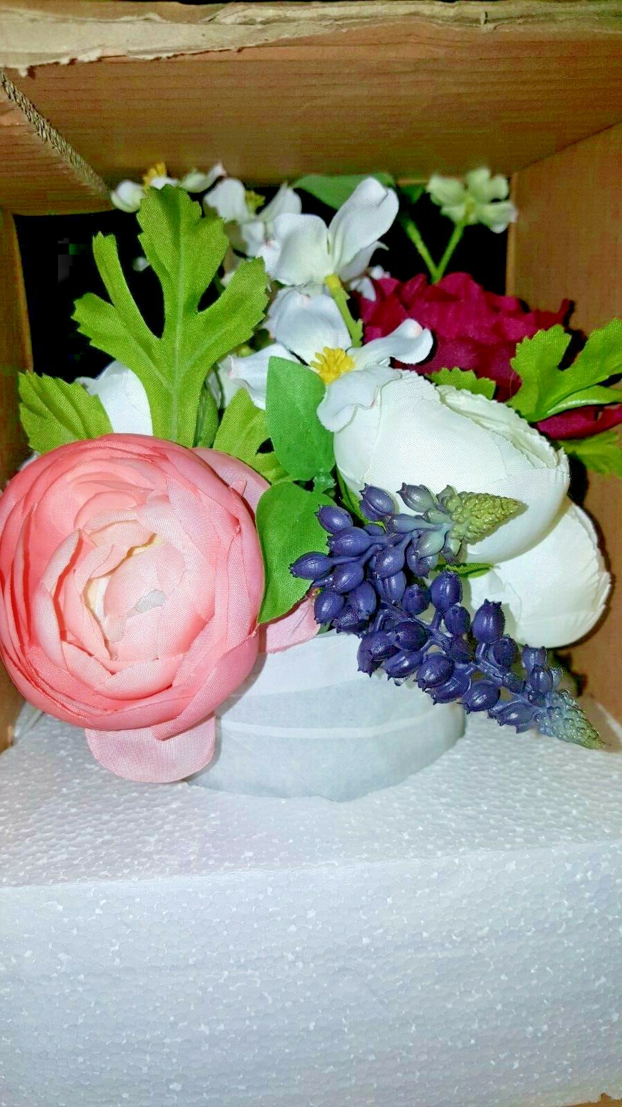 POTTERY BARN FAUX SPRING COMPOSED FLOWER ARRANGEMENT, GLASS VESSEL, 9″