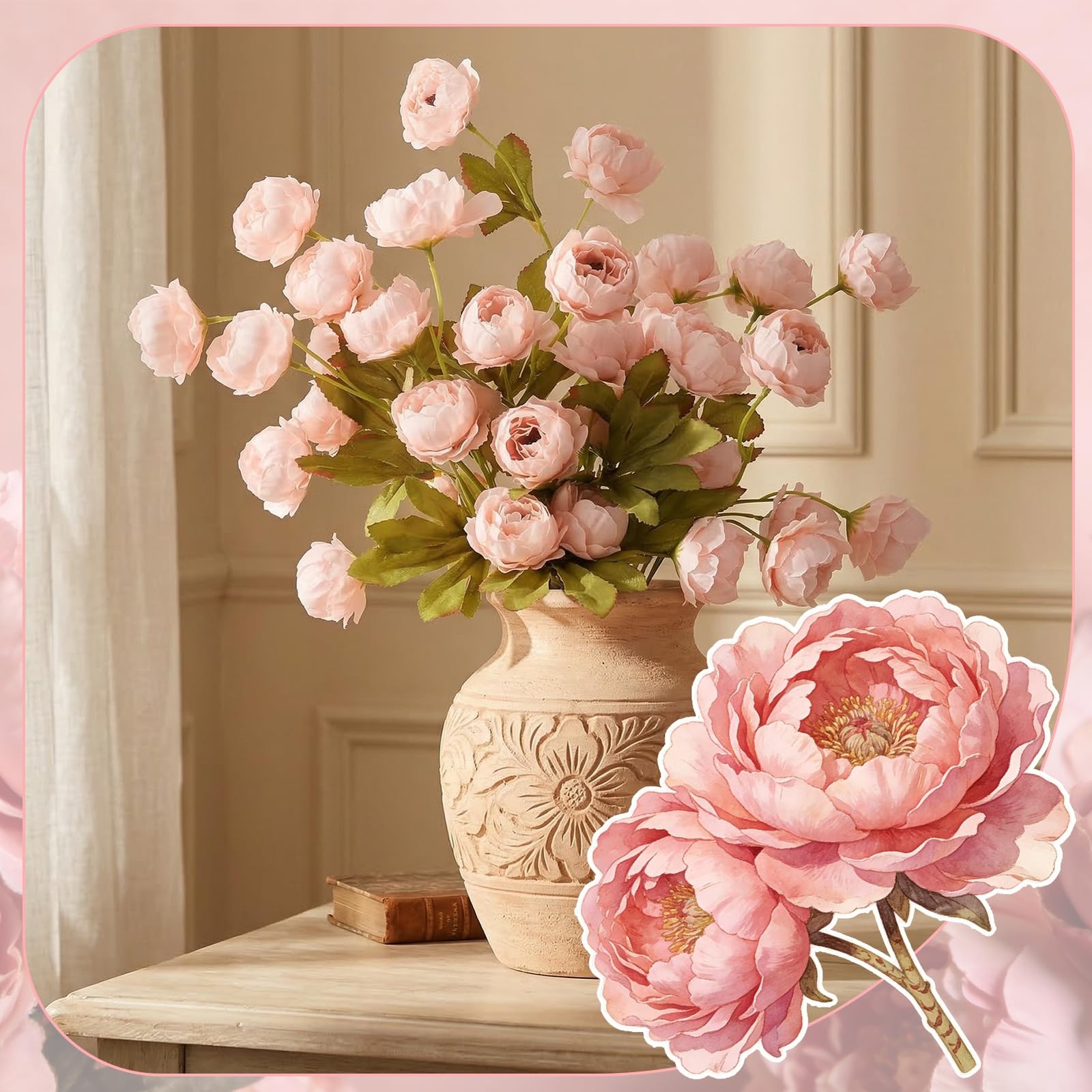 8 Pcs Faux Peony Flowers with Stems, Champagne Pink Artificial Silk Peonies, …