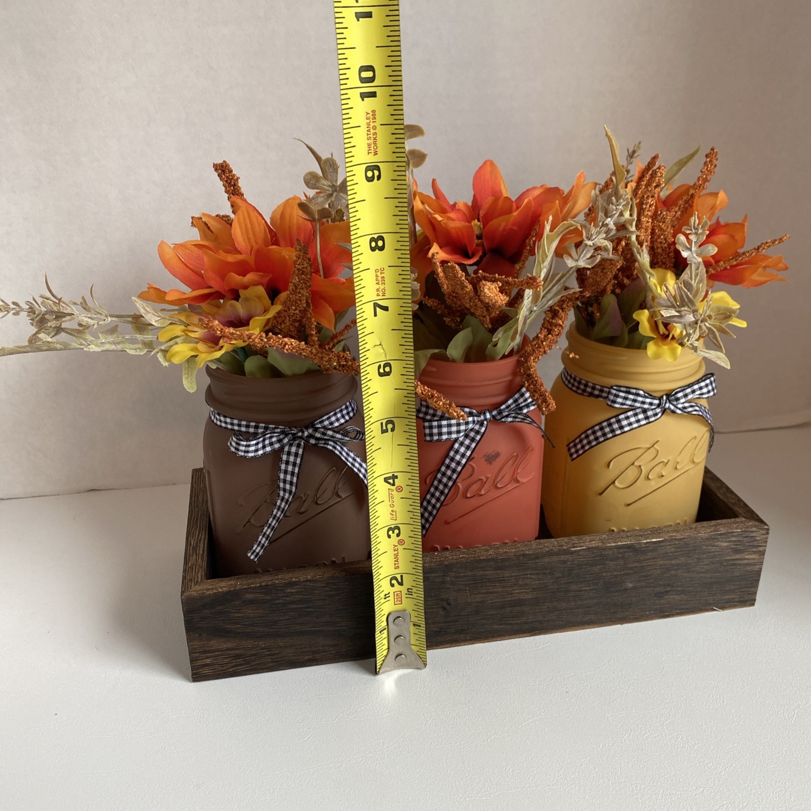 Painted Mason Jars Floral Decor In Tray Light Weight Fall Colors Checked Bows