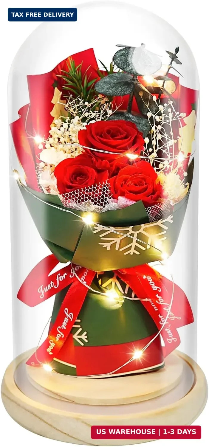 HVY Christmas Day Gifts for Women,Preserved Flowers Bouquet in Glass with LED Li