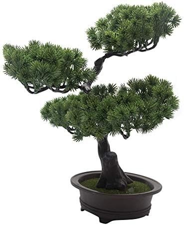 Artificial Bonsai Pine Tree, 11Inch Faux Potted Plant Desk Display Fake Tree Pot