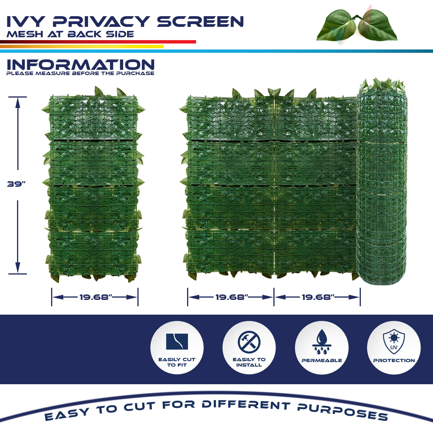 39″ x 117″ Artificial Faux Ivy Leaf Privacy Fence Panel Screen Hedge Decor