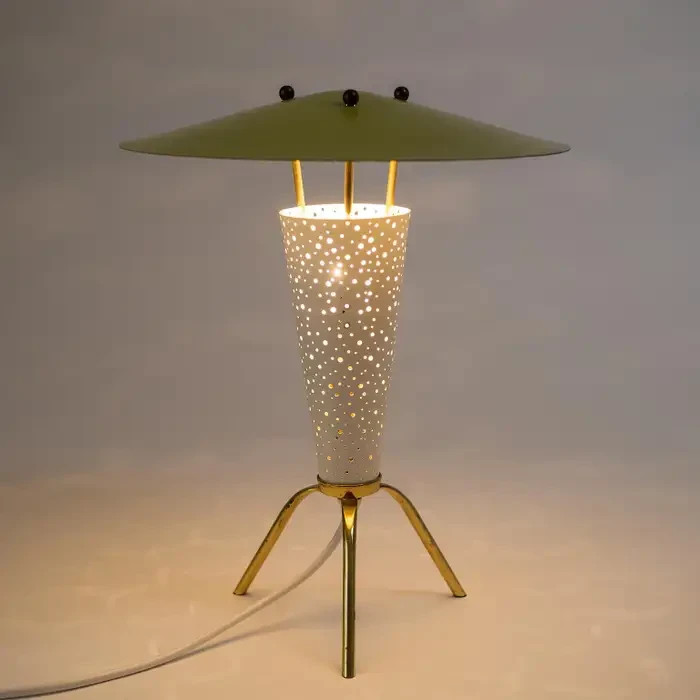 Mid-Century Modern Tripod Table Lamp – Perforated Metal Cone & Yellow UF