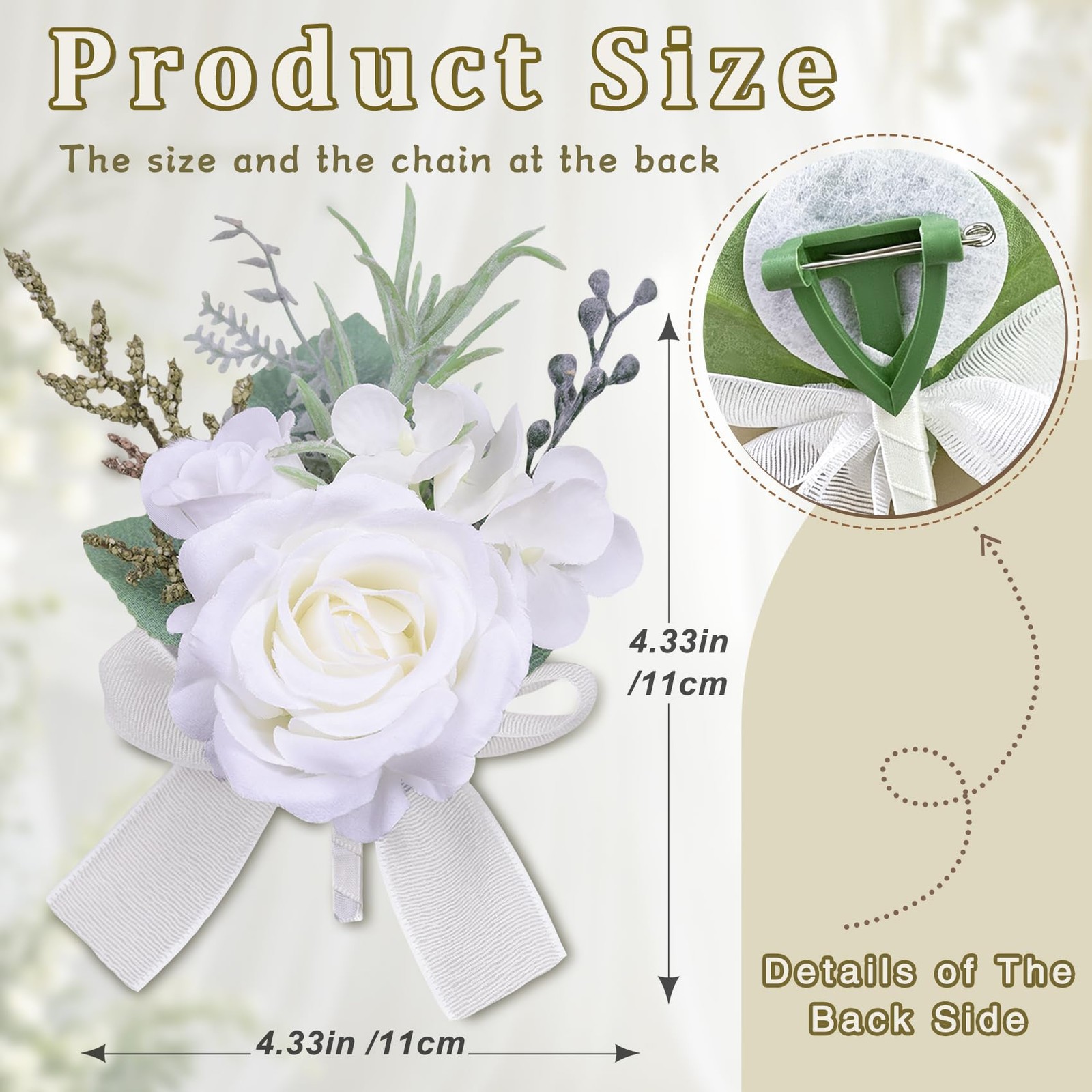6 PCS Elegant Artificial White Rose Boutonniere For Men Wedding Prom Groom