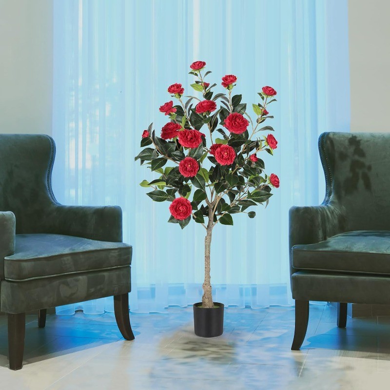 2PCS 4 FT Artificial Camellia Tree with Blooming Red Flowers for Indoor Outdoor