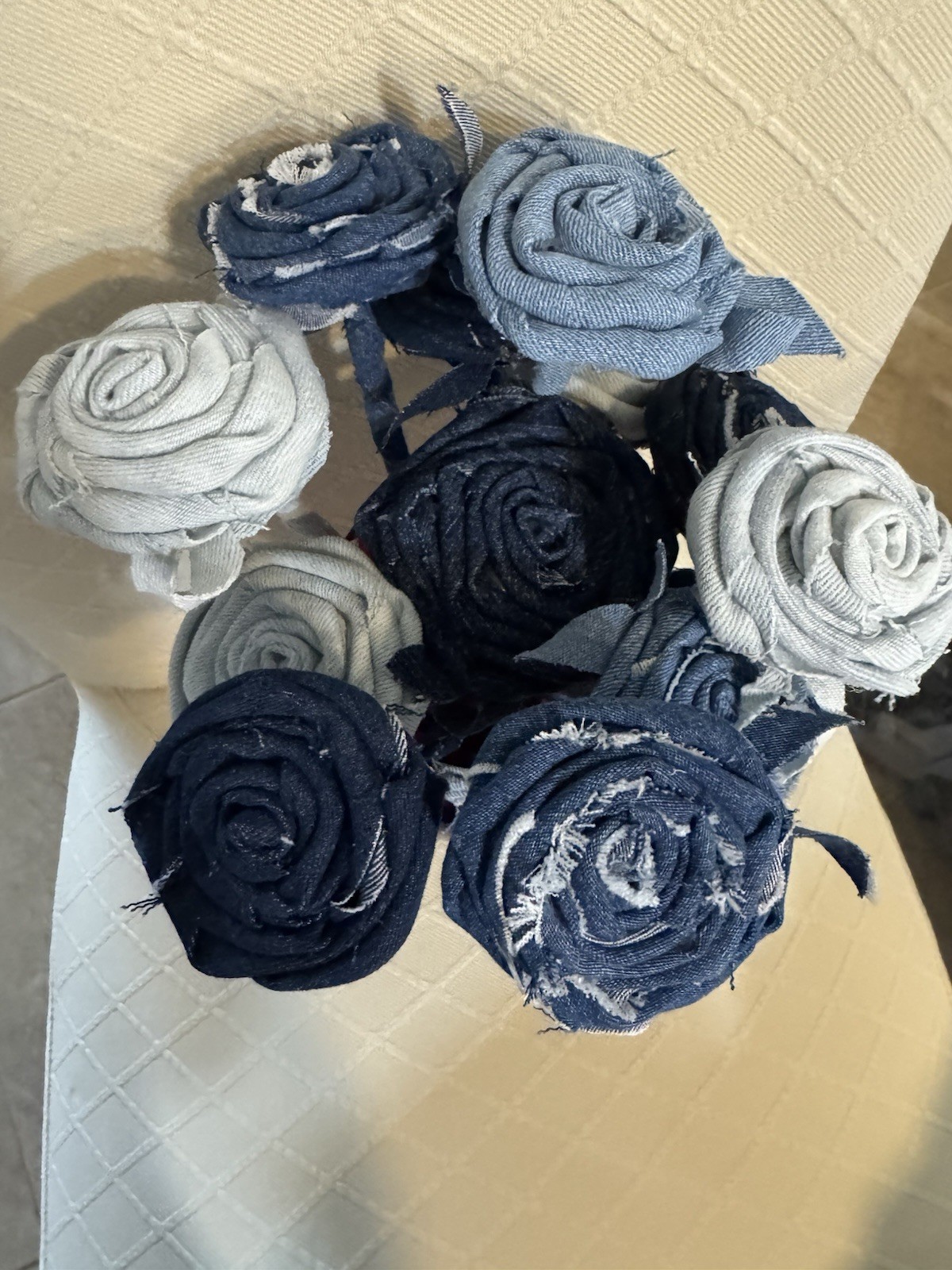 12 (a Dozen) Handmade Denim Roses, Upcycled Vase, Birthday, Mother’s Day, Easter