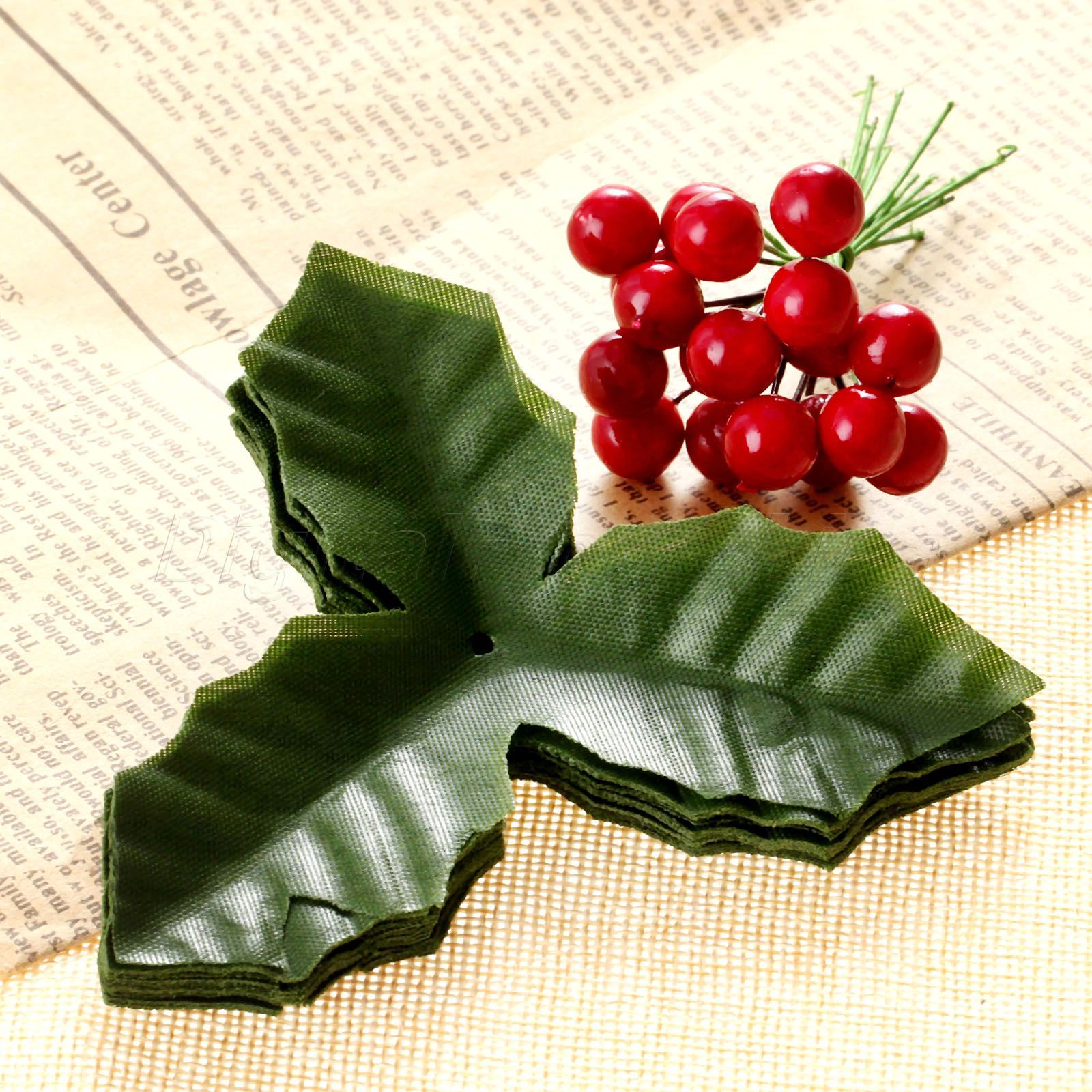 Green Flower Leaves & 50x Artificial Red Holly Berries Garden Wedding Home Decor
