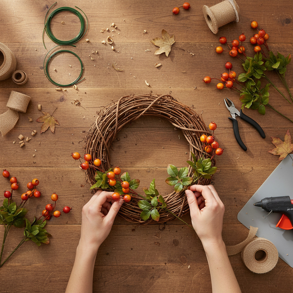 Artificial Floral Berry Stem With Orange & Green Leaves For Seasonal Decor