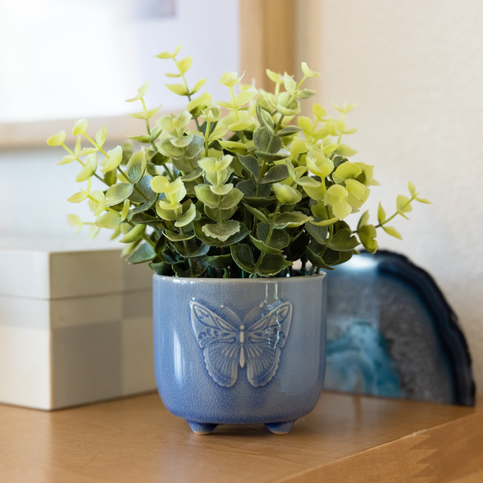 Mainstays 3″ Tabletop Artificial Baby Eucalyptus Plant in Blue Ceramic Butterfly