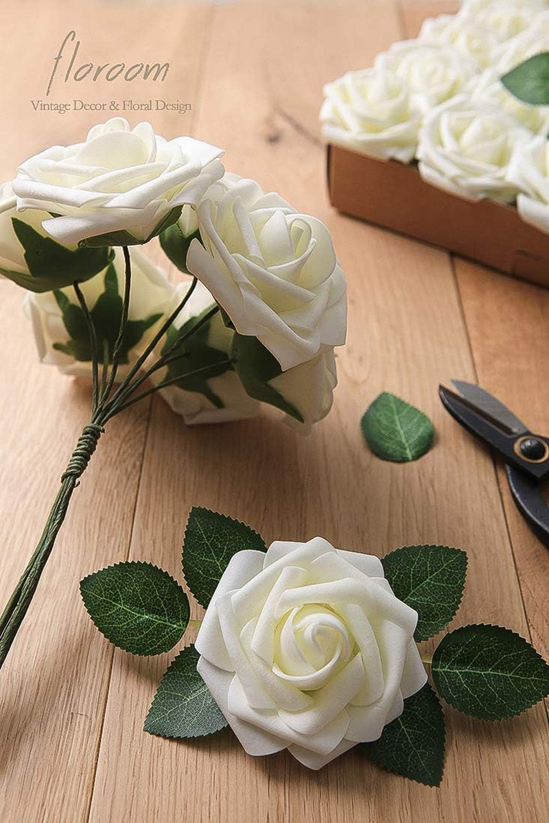 Artificial Flowers 25Pcs Real Looking Ivory Foam Fake Roses with Stems for DIY W